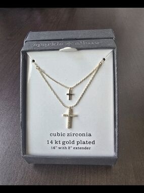 14kt Gold Plated Double Cross Layered Necklace with Cubic Zirconia